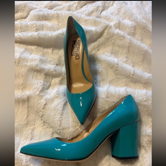 Sergio Rossi Chunky Block Heel Turquoise Patent Leather Pointed Toe Pumps 10 NEW - Picture 5 of 9